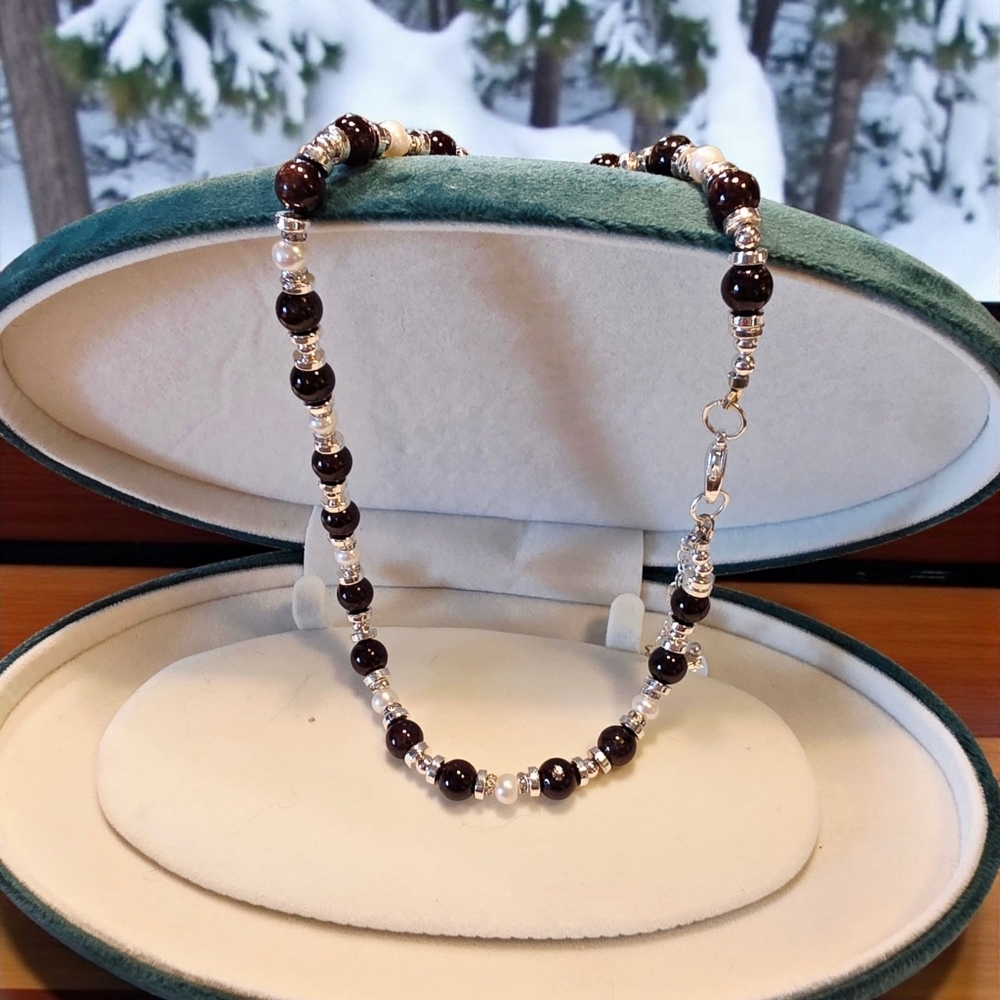 SALE!! Beaded Burgundy, Silver and Pearl Necklace